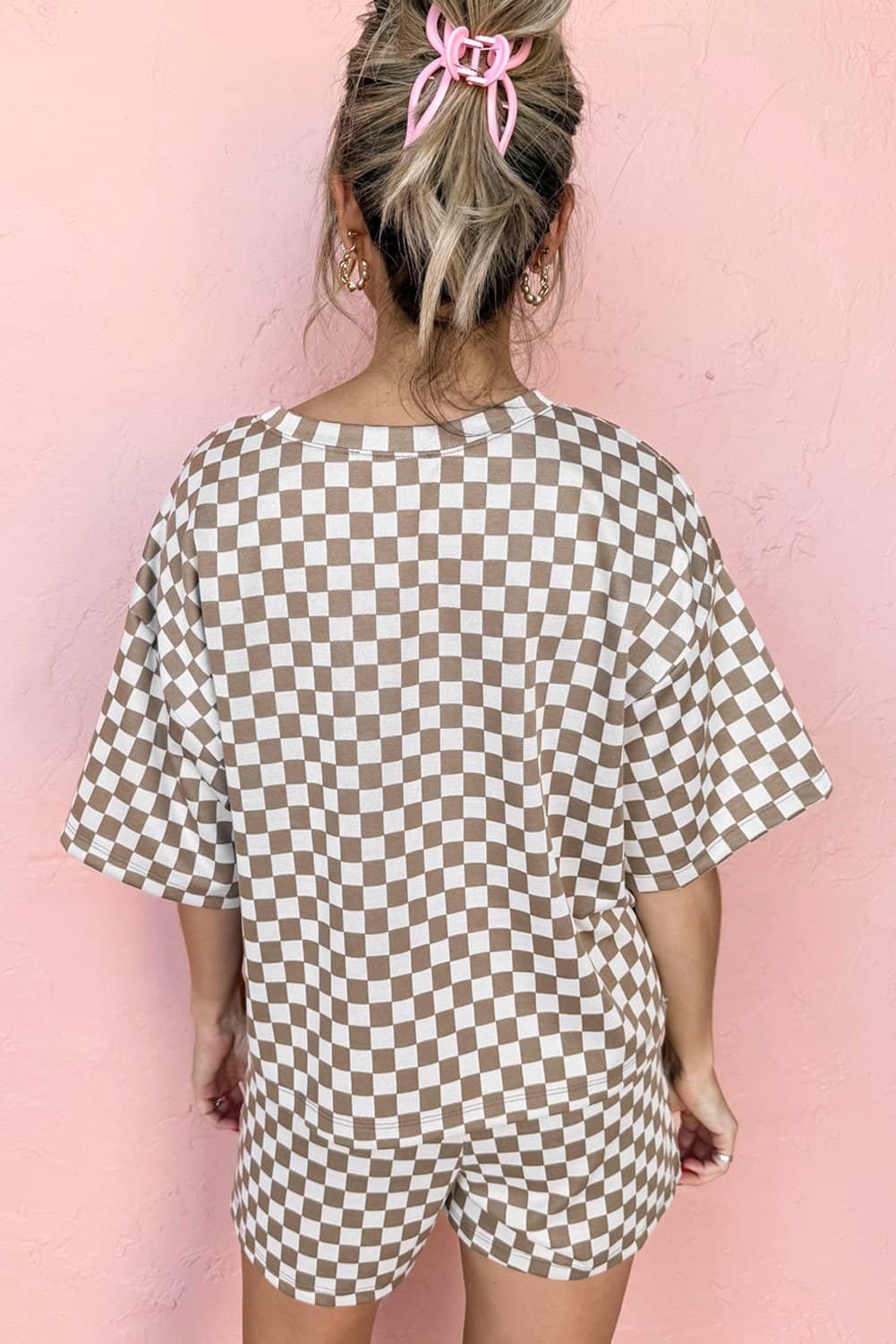 Brown Checkered Top And Short Casual 2Pcs Set