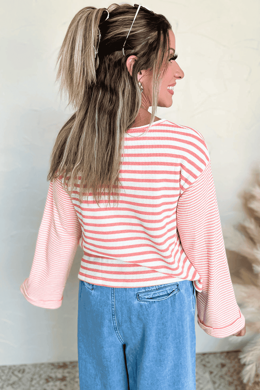 Pink Stripe Textured Contrast Dropped Long Sleeve Top