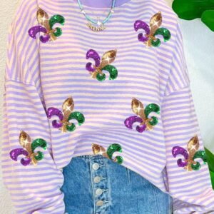 Purple Stripe Sequin Fleur De Lis Patched Pattern Long Sleeve Top