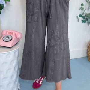 Light Grey Flower Patch Mineral Washed Terry Knit Cropped Wide Leg Pants