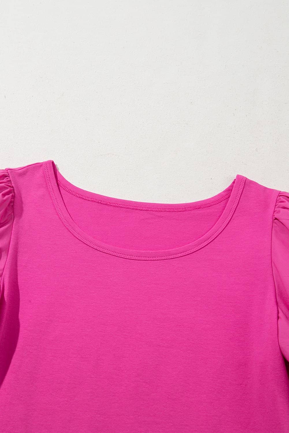 Strawberry Pink Casual Round Neck Bubble Sleeve T-Shirt