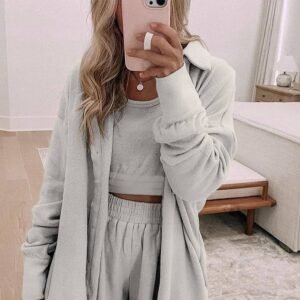 Gray 3 Pcs Crop Tank Top Shorts With Cardigan Lounge Set