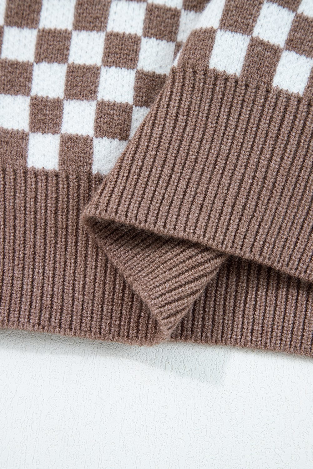 Dark Brown Half Button Ribbed Trim Checkerboard Knit Sweater