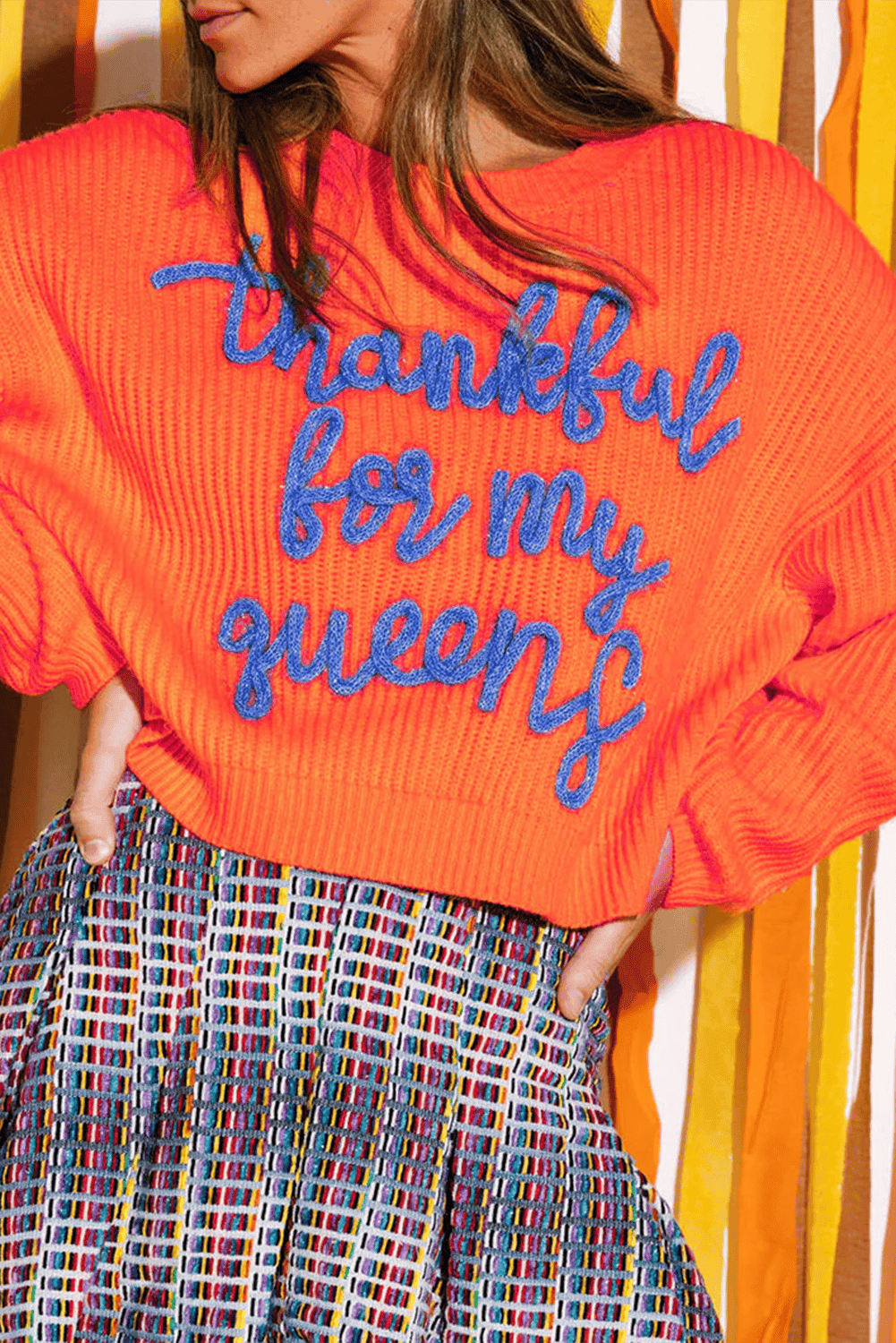 Vitality Orange Thankful For My Queens Ribbed Knit Drop Shoulder Graphic Sweater