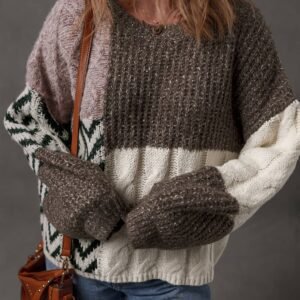 Brown Color Block Patchwork Knotted Back Loose Fit Sweater