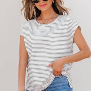 White Stripe Cap Sleeve Crew Neck Casual Tee With Chest Pocket