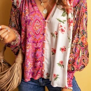 Multicolor Floral Patchwork Shirred Cuff Buttoned V Neck Blouse