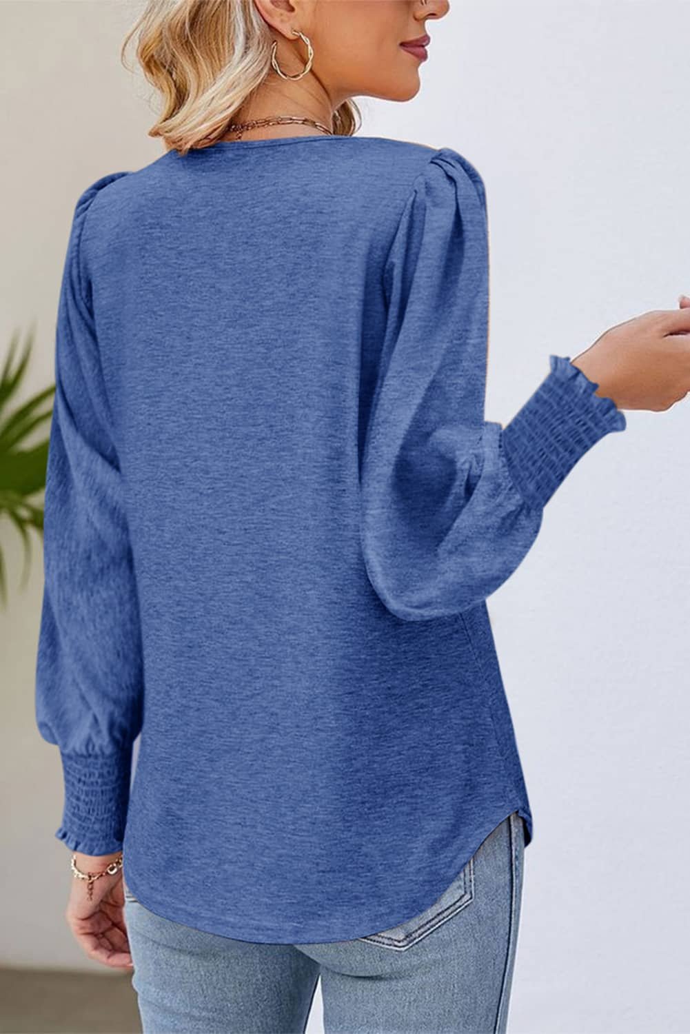 Sky Blue Shirred Shoulder Frilled Cuffs Long Sleeve Top