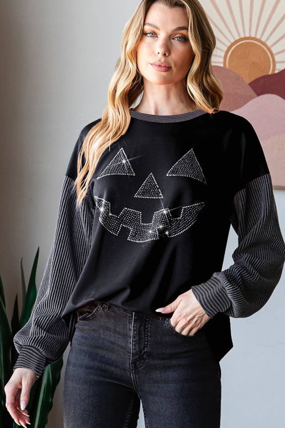 Black Halloween Rhinestone Pumpkin Face Contrast Ribbed Long Sleeve Patchwork Top