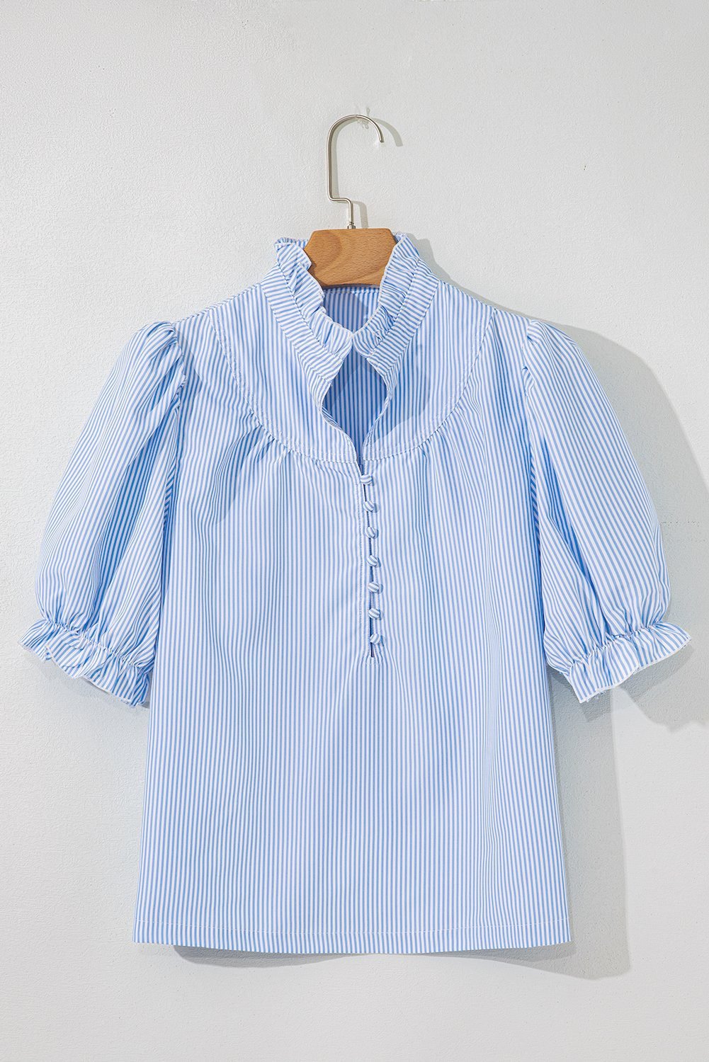 Sky Blue Stripe Ruffled Collar Puff Sleeve Half Buttons Blouse