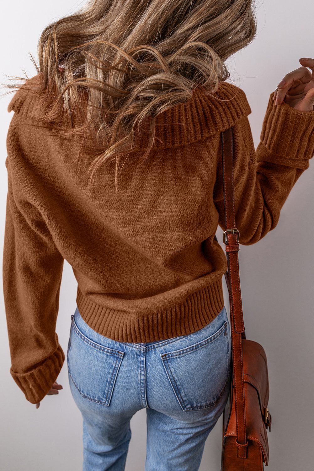 Chestnut Collared V Neck Ribbed Edge Sexy Elegant Sweater