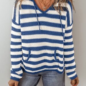 Blue Stripe V Neck Pocketed Drawstring Hooded Sweater