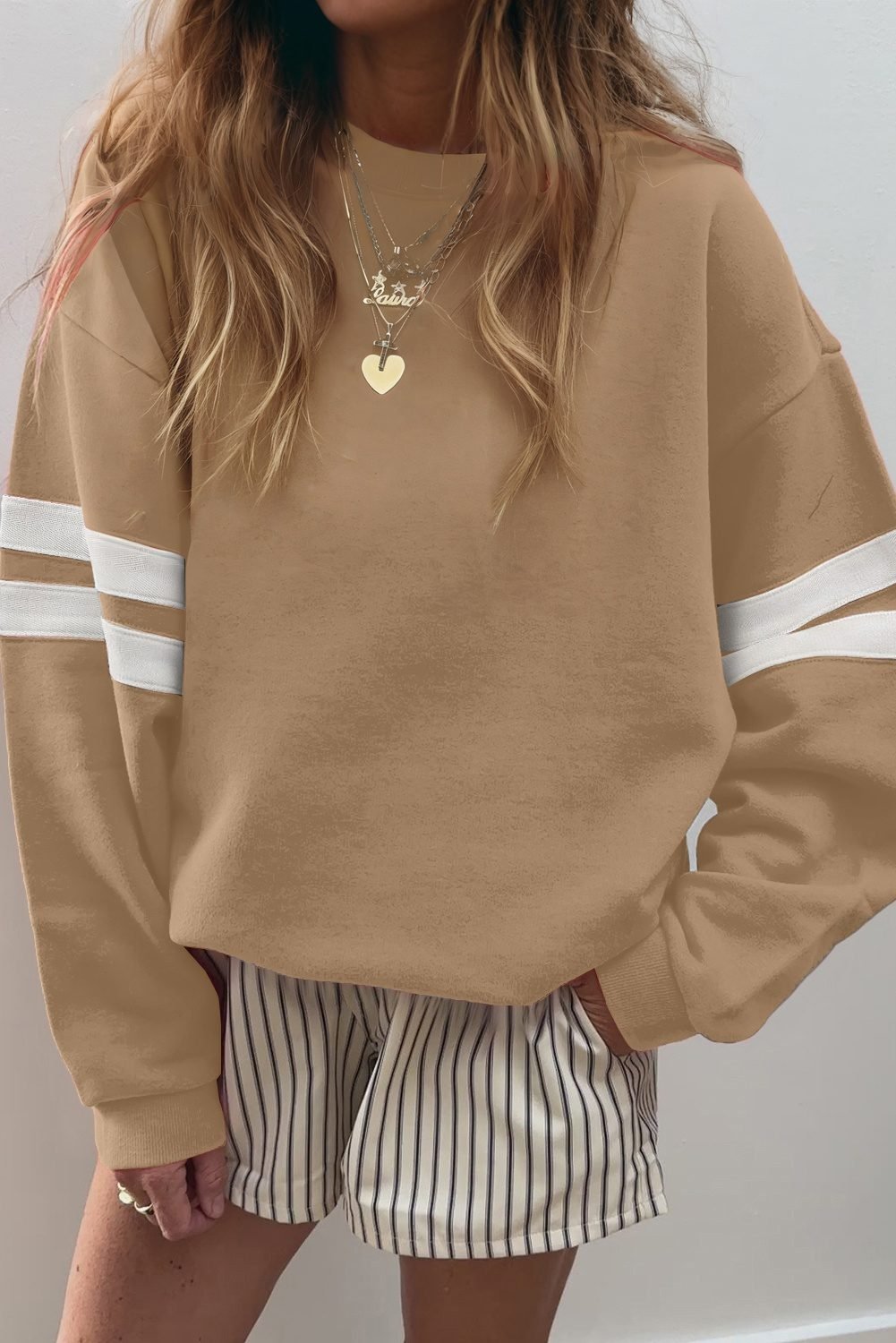 Light French Beige Varsity Striped Detail Drop Shoulder Oversized Sweatshirt