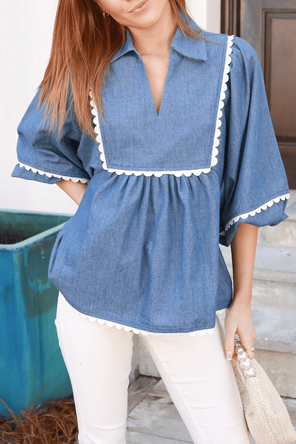 Dusk Blue Lace Ric Rac 3/4 Puff Sleeve Collared Babydoll Blouse