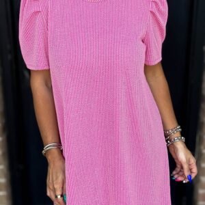 Bright Pink Corded Knit Crew Neck Puff Sleeve Shift Mini Dress