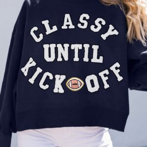 Navy Blue Classy Until Kickoff Plush Letter Patched Loose Sweatshirt