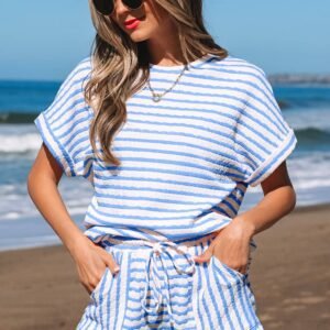 Sky Blue Stripe Knitted Short Sleeve Top And Drawstring Shorts Set