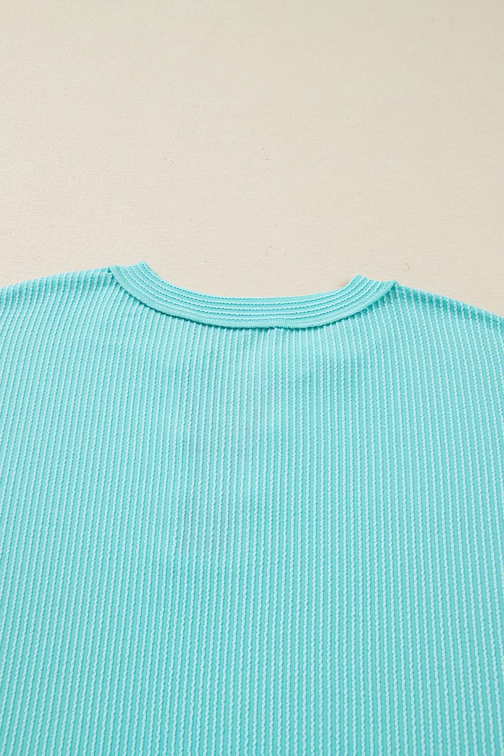 Aruba Blue Twist Ribbed Color Block Plaid Patchwork Plus Size Long Sleeve Top