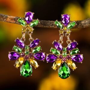 Purple Mardi Gras Gem Stone Dangle Earrings