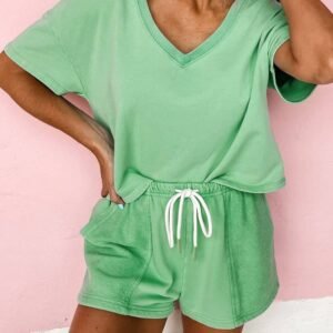 Mint Green V Neck Drop Shoulder Tee And Patchwork Drawstring Shorts Set