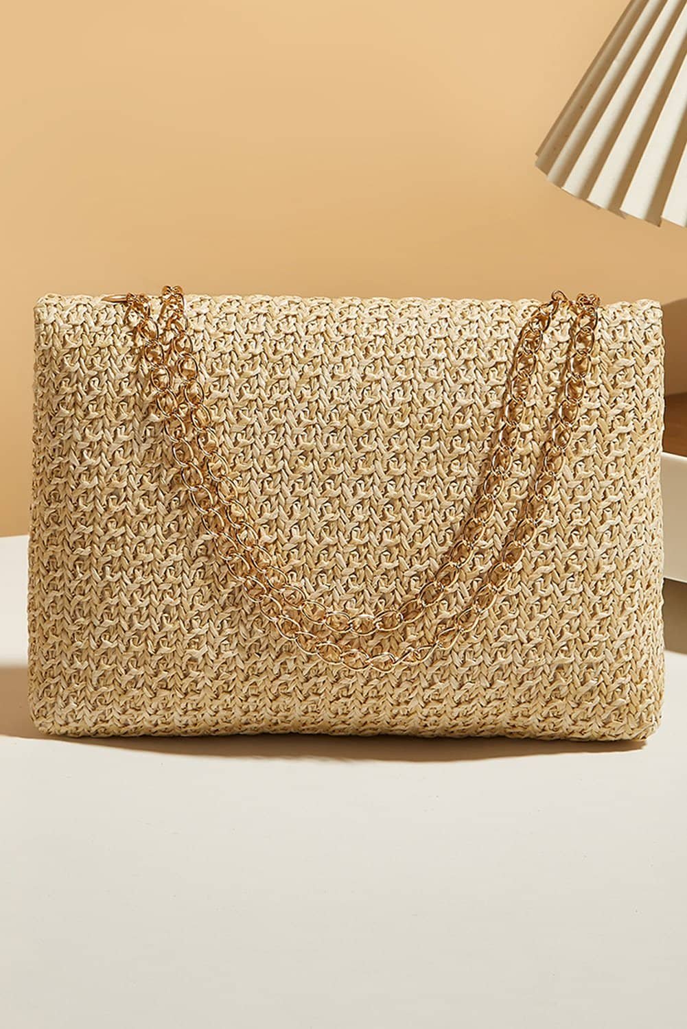 Camel Woven Chain Strap Flap Shoulder Bag