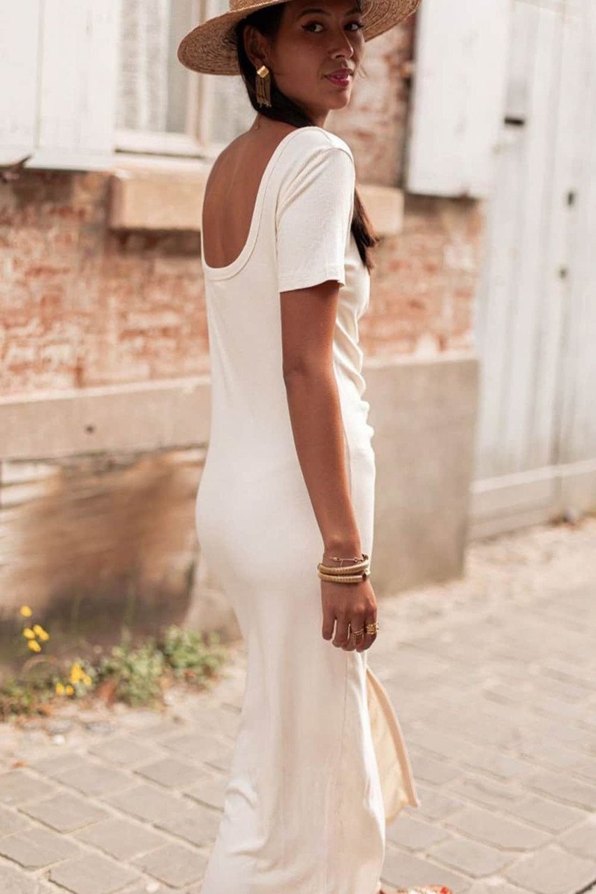 Beige V Neck Ruched Button Front French T-Shirt Dress