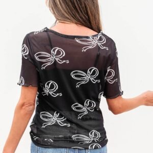 Black Bow Printed Mesh Short Sleeve Top