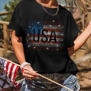 Black Rhinestone America Flag Usa Graphic T Shirt