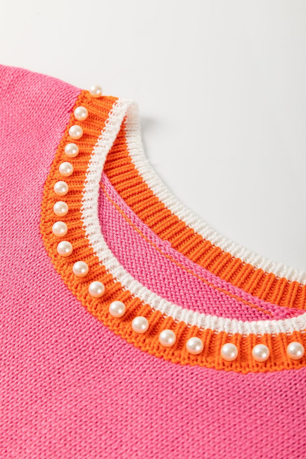 Bright Pink Contrast Trim Pearl Detail Sweater Tank Top