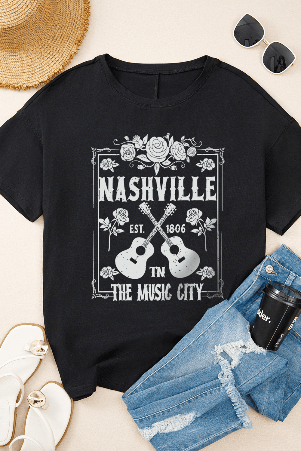 Black Rose Guitar Nashville Music City Graphic Tunic T Shirt
