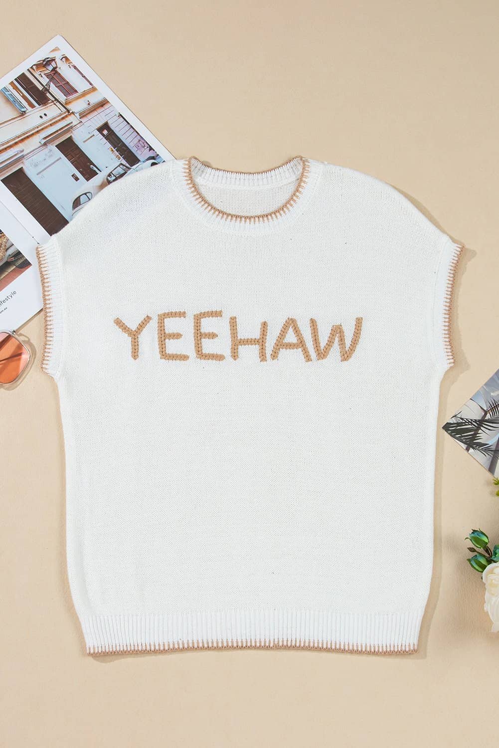 White Knitted Yeehaw Stitch Edge Crew Neck Sweater T Shirt