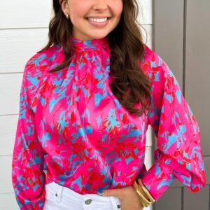 Purple Printed Bubble Sleeve Mock Neck Blouse