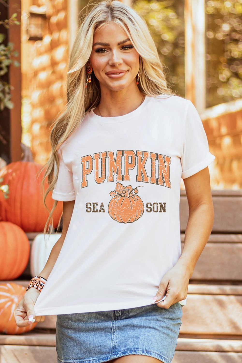 White Pumpkin Season Cracking Printed Cotton Blend T Shirt