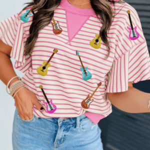 Sachet Pink Striped Guitar Patched Ruffle Short Sleeve Crossed Seam Blouse