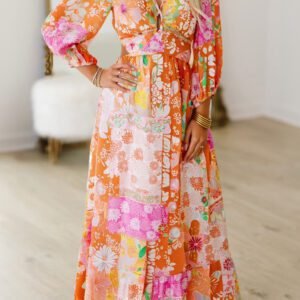 Orange Floral Patchwork Print Cut Out Tied Back Bracelet Sleeve Maxi Dress