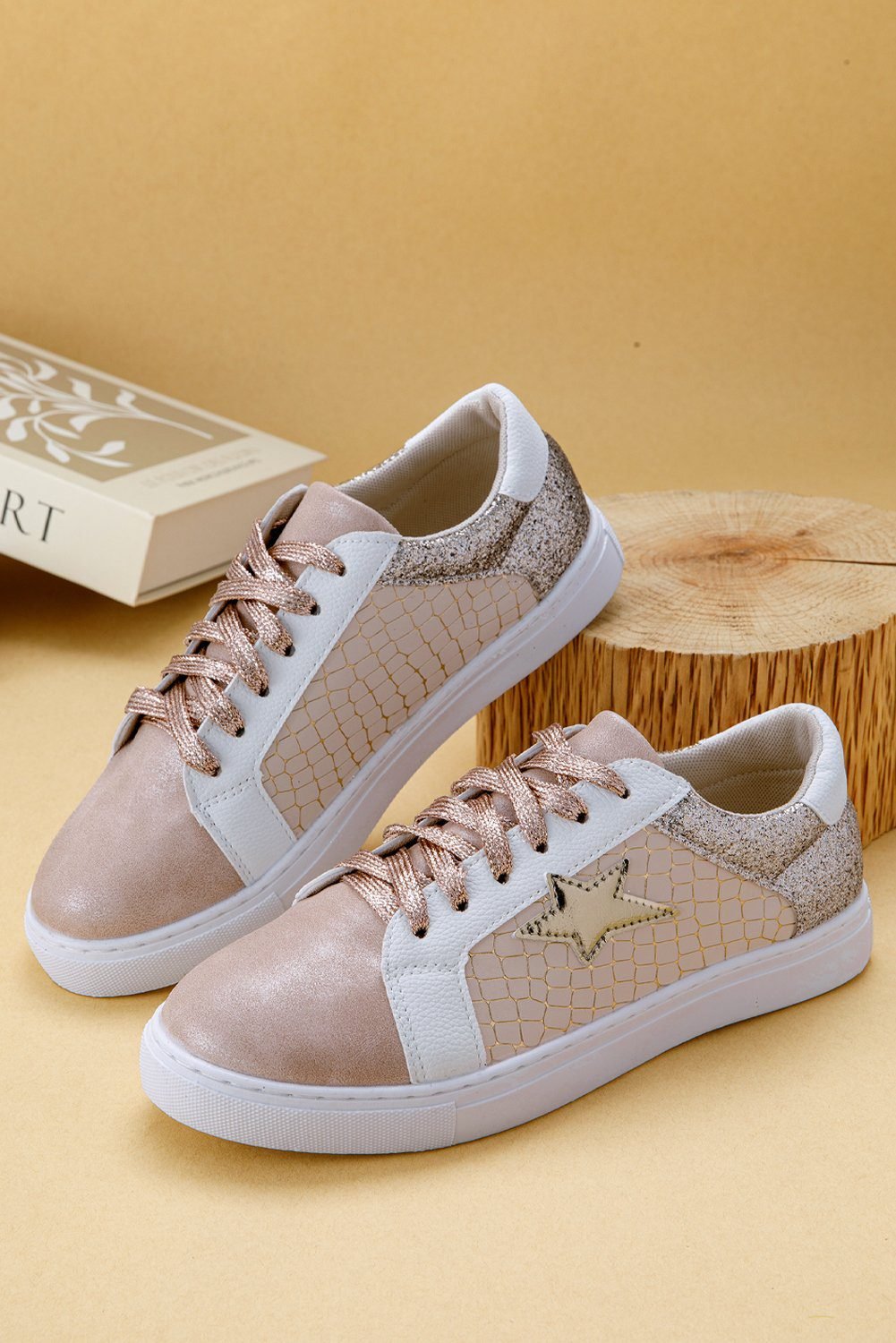 Gold Glitter Star Patchwork Pu Leather Lace-Up Sneakers