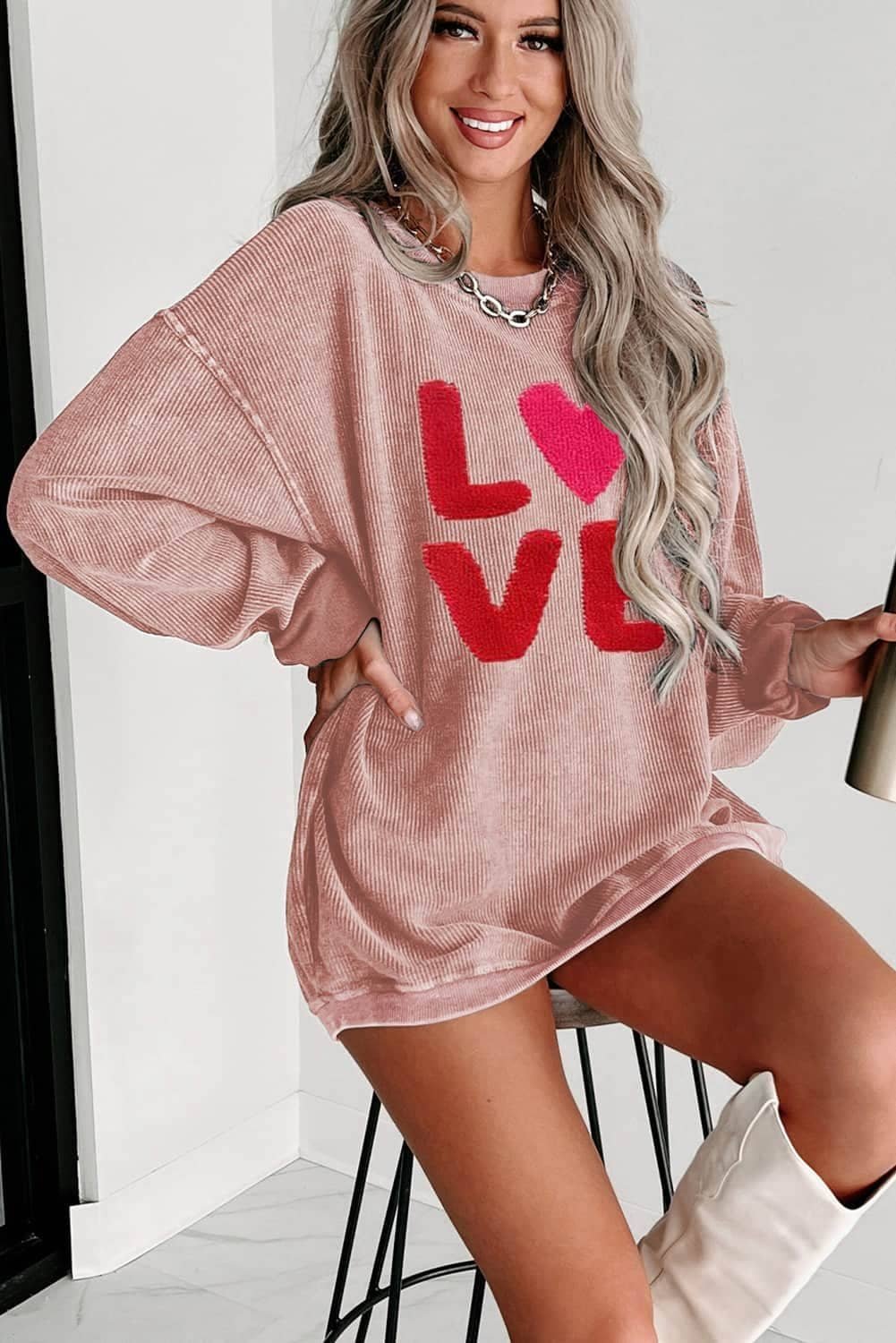 Pink Valentines Love Chenille Embroidered Corded Sweatshirt