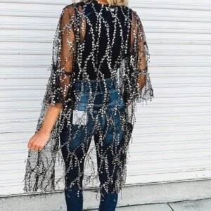 Black Sequin Sheer Long Sleeve Open Front Kimono