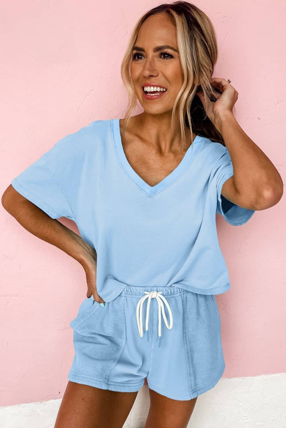 Myosotis V Neck Drop Shoulder Tee And Patchwork Drawstring Shorts Set