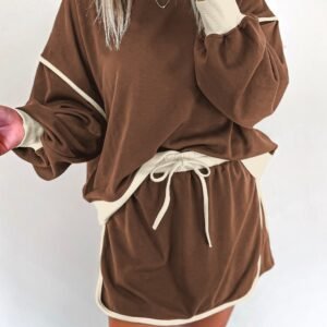 Coffee Color Contrast Loose Pullover And Lace-Up Waist Skort Set