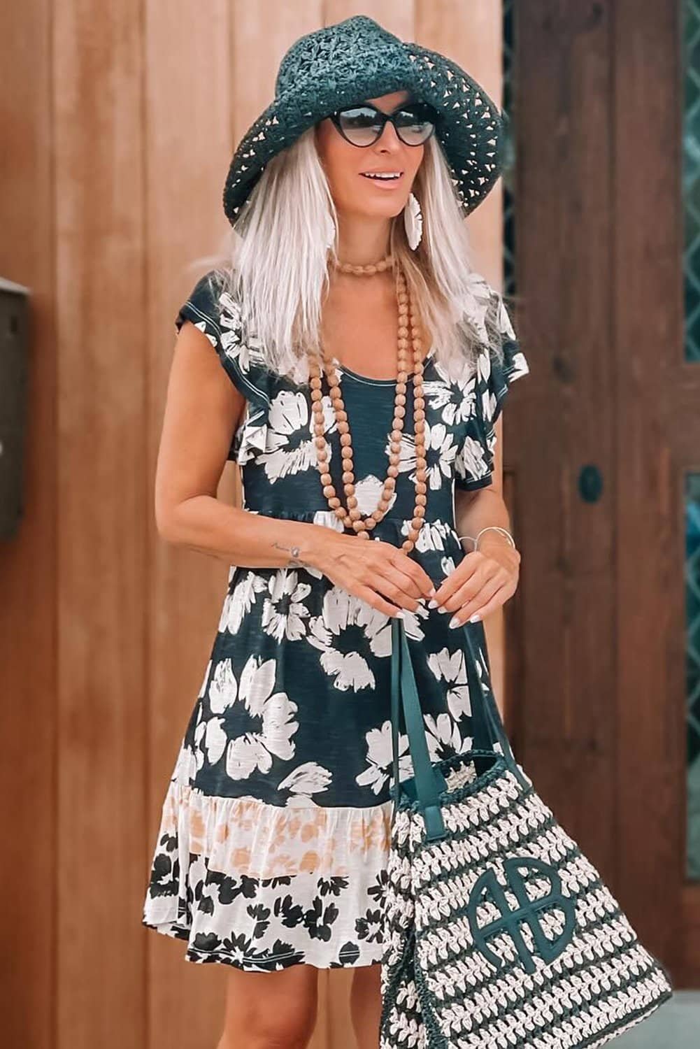 Green Floral Print Ruffle Sleeve Empire Waist Mini Dress