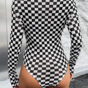 Black Checkered Printed Long Sleeve High Neck Bodysuit