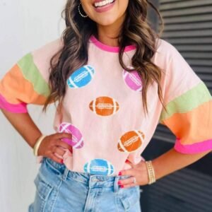 Pink Rugby Chenille Embroidered Color Block Half Sleeve T Shirt