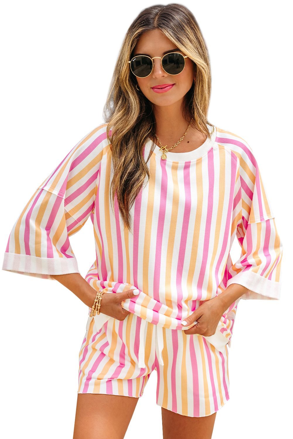 Pink Stripe Drop Shoulder Half Sleeve Loose Tee And Shorts Casual Set