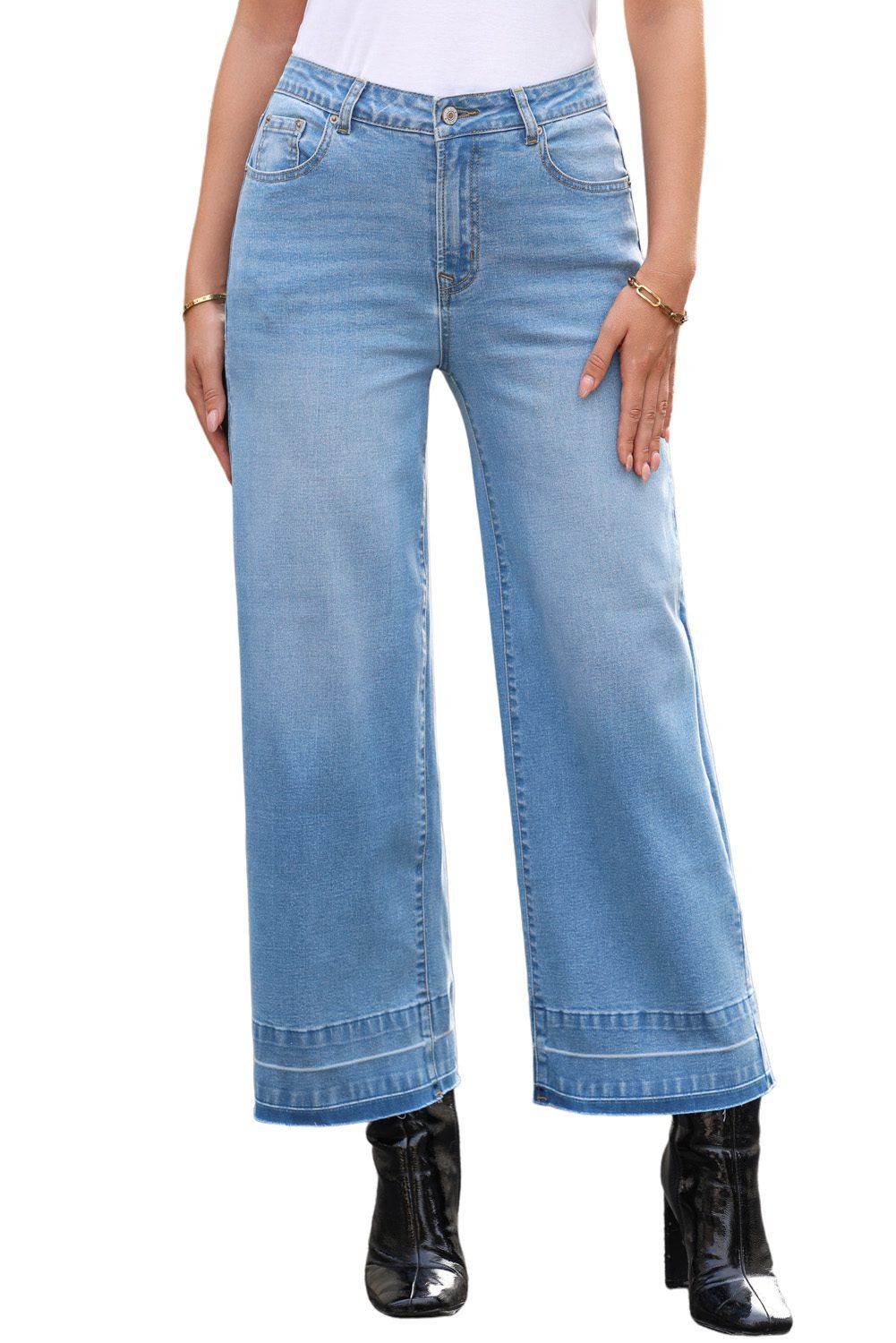 Dusk Blue Raw Hem Straight Leg Loose High Waist Jeans