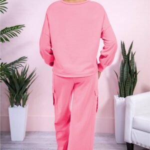 Sachet Pink Solid Color Patchwork Pullover Top And Cargo Pants Set