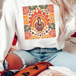 White Thanksgiving Turkey Graphic Holiday Crew Neck Sweatshirt