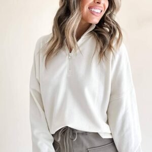 White Zipped Neck Pullover Drop Shoulder Sweatshirt