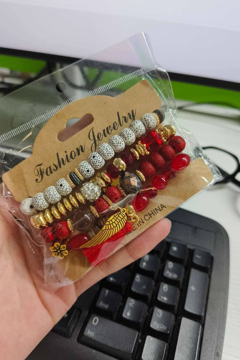 Red Dahlia 4Pcs Boho Disc Tassel Wing Pendant Beaded Bracelet Set