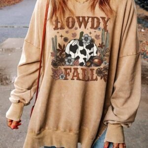 Khaki Howdy Fall Pumpkin Print Split Hem Sweatshirt